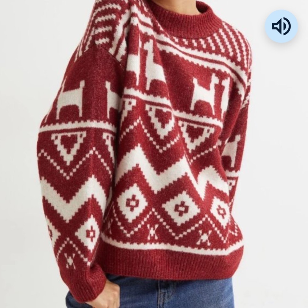 H&M red and white fair isle llama-patterned Ski sweater jacquard knit SZ M
